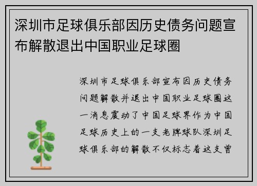 深圳市足球俱乐部因历史债务问题宣布解散退出中国职业足球圈