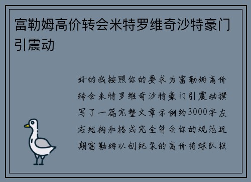 富勒姆高价转会米特罗维奇沙特豪门引震动